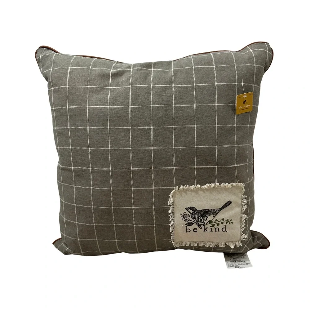 Place & Time Be Kind Bird Plaid Throw Pillow Grey White 24x24 Farmhouse Decor